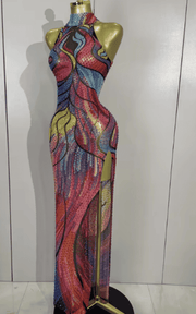 Kate Sparkly Rhinestone Floral Print High Split Mesh Maxi Dress