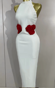 Kelly Backless White Bodycon Long Bandage Dress With Red Flower