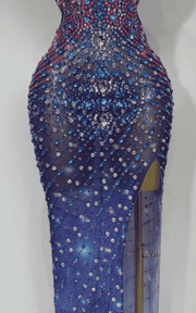 Katrina Sparkly Colorful Rhinestone Deep V Neck Backless High Split Maxi Dress