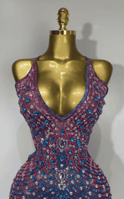 Katrina Sparkly Colorful Rhinestone Deep V Neck Backless High Split Maxi Dress