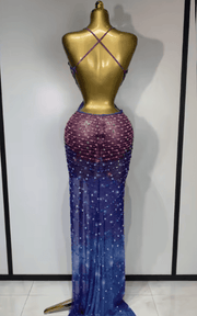 Katrina Sparkly Colorful Rhinestone Deep V Neck Backless High Split Maxi Dress