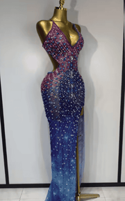 Katrina Sparkly Colorful Rhinestone Deep V Neck Backless High Split Maxi Dress