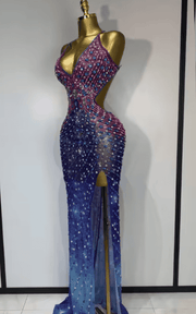 Katrina Sparkly Colorful Rhinestone Deep V Neck Backless High Split Maxi Dress