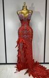 Sandra Luxury Red Feather Rhinestone High Slit Evening Dress