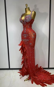 Sandra Luxury Red Feather Rhinestone High Slit Evening Dress