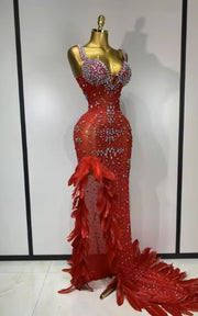 Sandra Luxury Red Feather Rhinestone High Slit Evening Dress