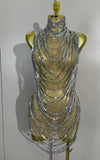 Marie Sparkly Silver Rhinestone Chain Mesh Sheer Mini Dress