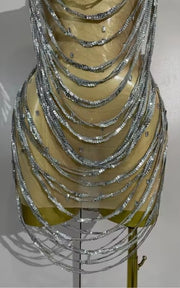 Marie Sparkly Silver Rhinestone Chain Mesh Sheer Mini Dress