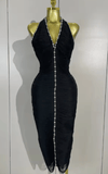 Samia black halter V neck backless diamond bandage gown for women. Elegant party dress for weddings, cocktails, and evening events.