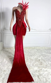Red sparkly Short dress with rhinestone tube top, feather shoulder details, and long velvet hem – elegant evening gown for women