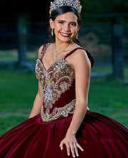 Luxury Crystal Burgundy Quinceañera Dress with Velvet Lace Applique