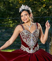 Luxury Crystal Burgundy Quinceañera Dress with Velvet Lace Applique