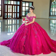 Fuchsia Off-Shoulder Quinceañera Dress with Beading