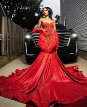 Red Luxe Prom Dress 2024 with Double Gloves & Glitter Diamonds