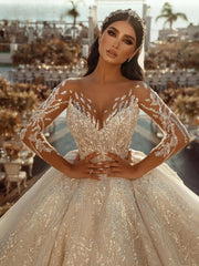 Modest O-neck Sparkly Sequin Lace Ball Gown Wedding Dress