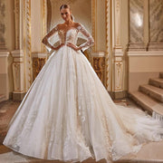 Luxury Beaded Long Sleeve Lace Princess Bride Ball Gown