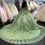 Avocado Green Off-Shoulder Quinceañera Dress with Lace Applique