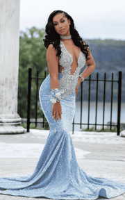 Sparkly Sheer O-Neck Long Prom Gown Glitter Illusion Dress
