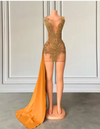 Sparkly Gold Crystal See Thru Rhinestones Birthday Dress with Side Train
