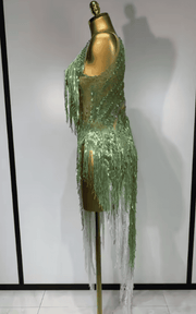 Katie Sparkly Green Rhinestone Tassel One Shoulder Sheer Dress
