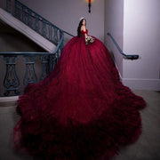 Luxury Burgundy Off-Shoulder Quinceanera Dress with Lace and Ruffles