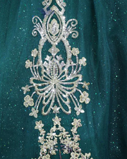 Emerald green and gold ball gown with lace appliqué bodice and beaded fringe sleeves
