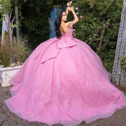 Elegant Sequin Quinceañera Dress with Bow: Off-Shoulder Princess Ball Gown