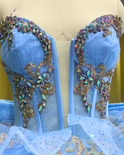 Sky blue quinceañera dress with rose gold appliqués, fitted bodice, and full princess skirt.