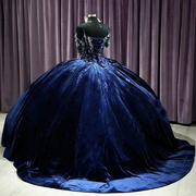Navy Blue Velvet Crystals Quinceanera Dresses Ball Gown
