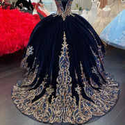 Navy Blue Quinceañera Dress: Detachable Sleeves & Lace Applique