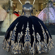 Navy Blue Quinceañera Dress: Detachable Sleeves & Lace Applique