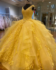 Charro Yellow Quinceañera Dress: V-Neck, Lace Applique & Crystal