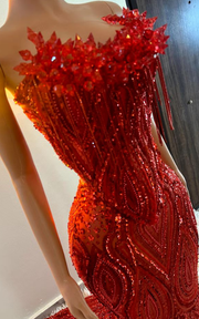 Strapless red beaded mermaid prom dress for prom, evening parties, or special celebrations.