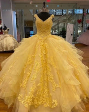 Charro Yellow Quinceañera Dress: V-Neck, Lace Applique & Crystal