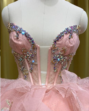 Dusty rose pink sparkle quinceañera ball gown with iridescent scrollwork appliqués.
