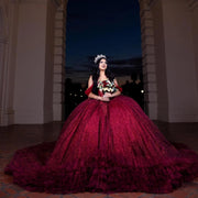 Luxury Burgundy Off-Shoulder Quinceanera Dress with Lace and Ruffles