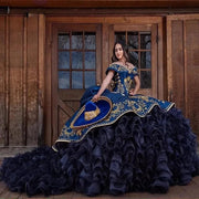 Navy Blue Embroidery Quinceañera Dress: Off-Shoulder Charro