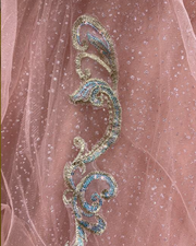 Dusty rose pink sparkle quinceañera ball gown with iridescent scrollwork appliqués.