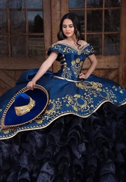 Navy Blue Embroidery Quinceañera Dress: Off-Shoulder Charro