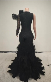Black sparkly prom dress with rhinestones, diamond details, and ostrich feather train – elegant long evening gown for women