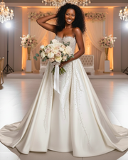 The dress features a fitted silhouette (likely mermaid or trumpet) with an elaborate overskirt. The sweetheart-neckline bodice and the entire front panel of the overskirt are densely hand-embellished with various sizes of clear crystals and white pearls, which appear to cascade downward from the bustline in a dripping effect. The fabric of the skirt and overskirt is a smooth, heavy satin.