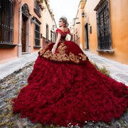 Luxury Lace Burgundy Quinceañera Dress: Embroidery Velvet Charro