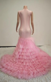 Pink rhinestone applique mermaid prom dress with ruffle tulle, high split, and long train – elegant evening ball gown for women