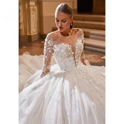 Luxury Beaded Long Sleeve Lace Princess Bride Ball Gown