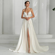 Ivory Satin A-Line Wedding Dress: Sweetheart Silhouette with Boho Chic Flair