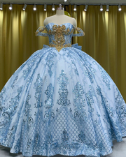 Blue and Gold Beaded Lace Quinceañera Dress