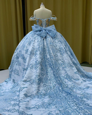 Blue and Gold Beaded Lace Quinceañera Dress