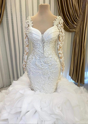 Vintage Mermaid Full Sleeves Pearly Applique Tiered Ruffled Wedding Dresses