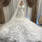 Vintage Mermaid Full Sleeves Pearly Applique Tiered Ruffled Wedding Dresses