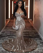 Mermaid beading strapless crystals prom dress elegant evening gown.